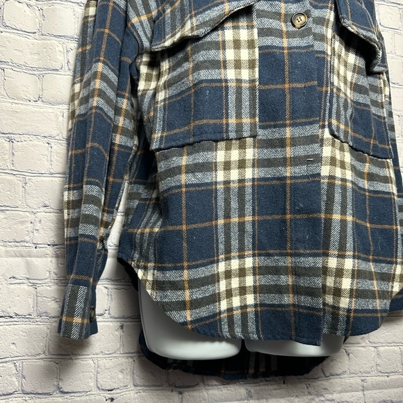 Navy blue/cream/orange super heavy duty button down plaid shirt - Picture 2 of 9